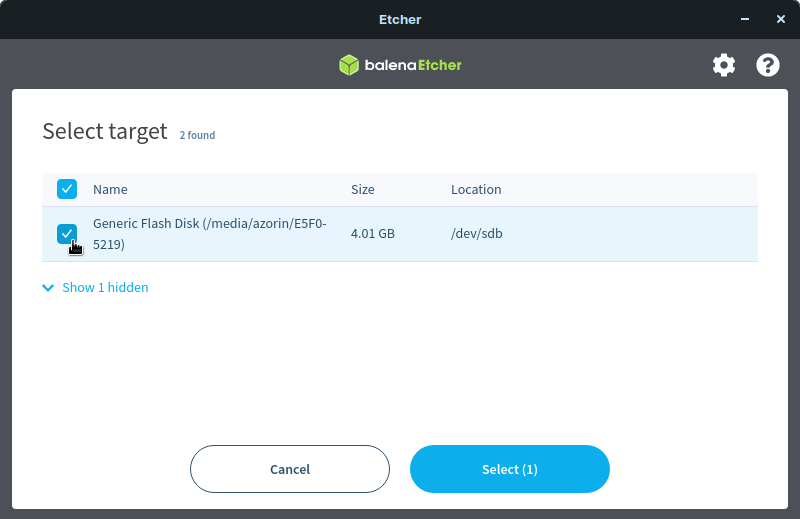 balenaEtcher USB flash drive list